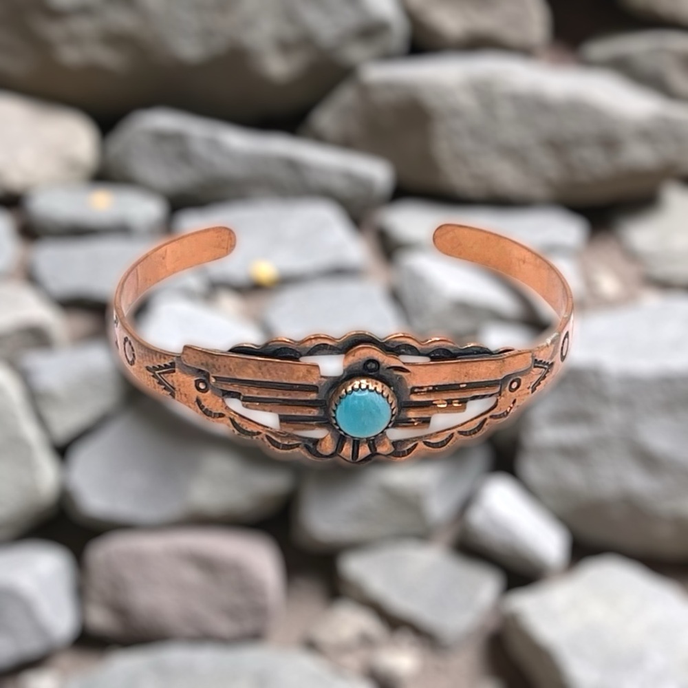 Genuine Solid Copper and Turquoise Navajo Thunderbird Cuff Bracelet Small Size - Picture 2 of 14